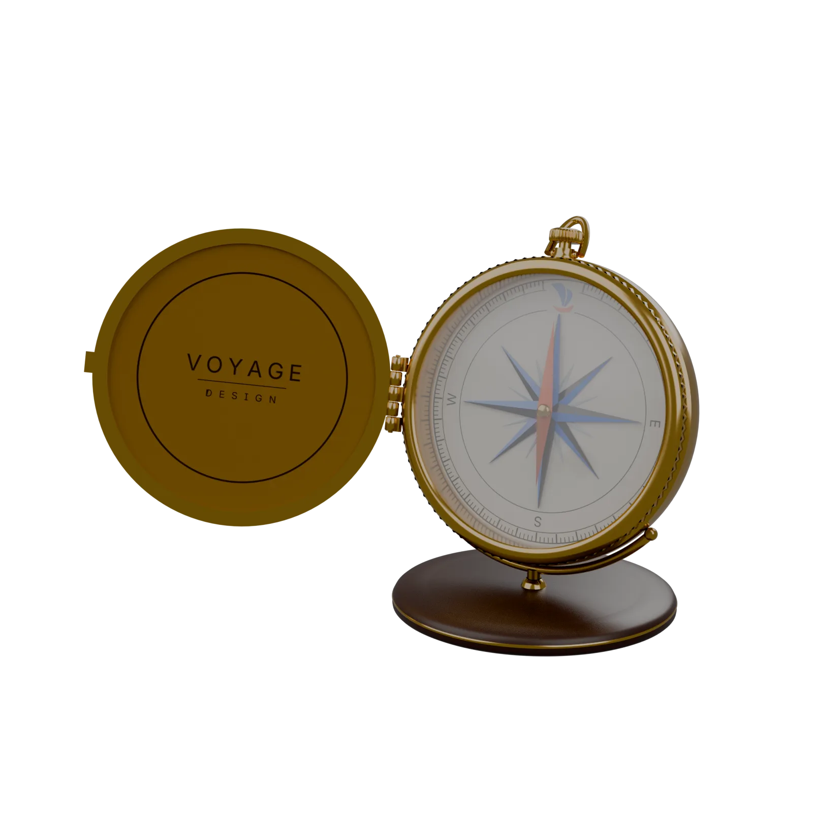 A brass pocket compass on a walnut stand, its lid open, Voyage's sail mark at north